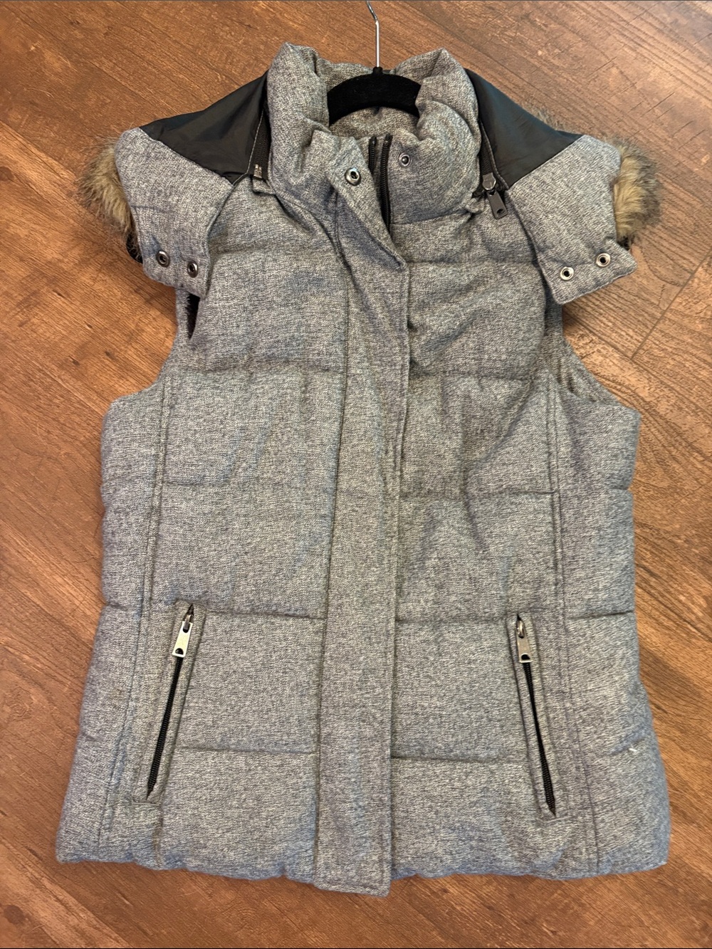 Banana Republic Gray Quilted Puffer Vest with Removable Faux Fur Trim Hood